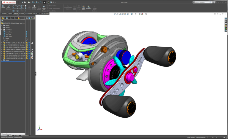 Solidworks 3D CAD Model Fishing Baitcaster