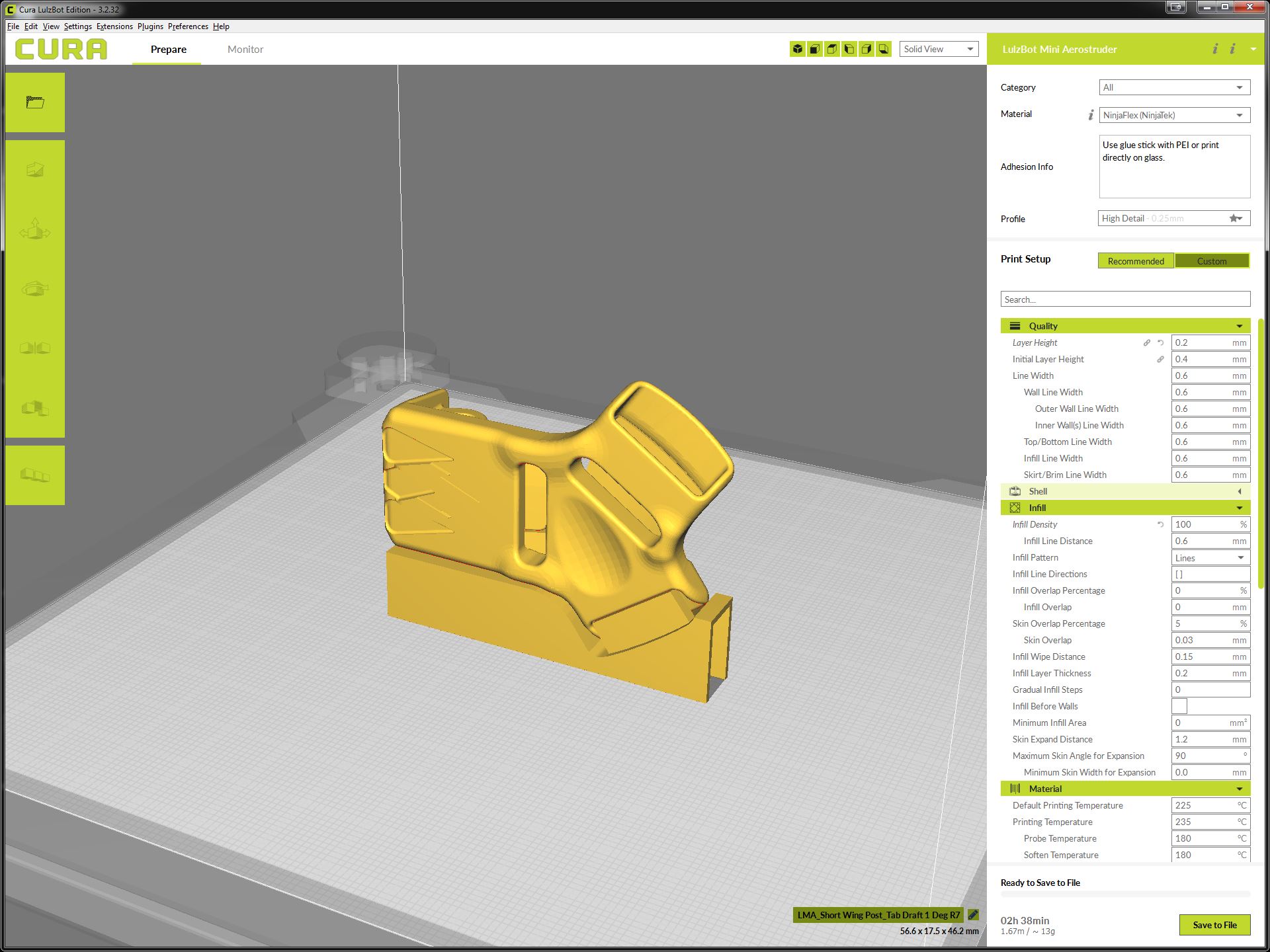 Luna Sandal Wing Post 3D Print Setup In Cura on Lulzbot Mini TPU Front View