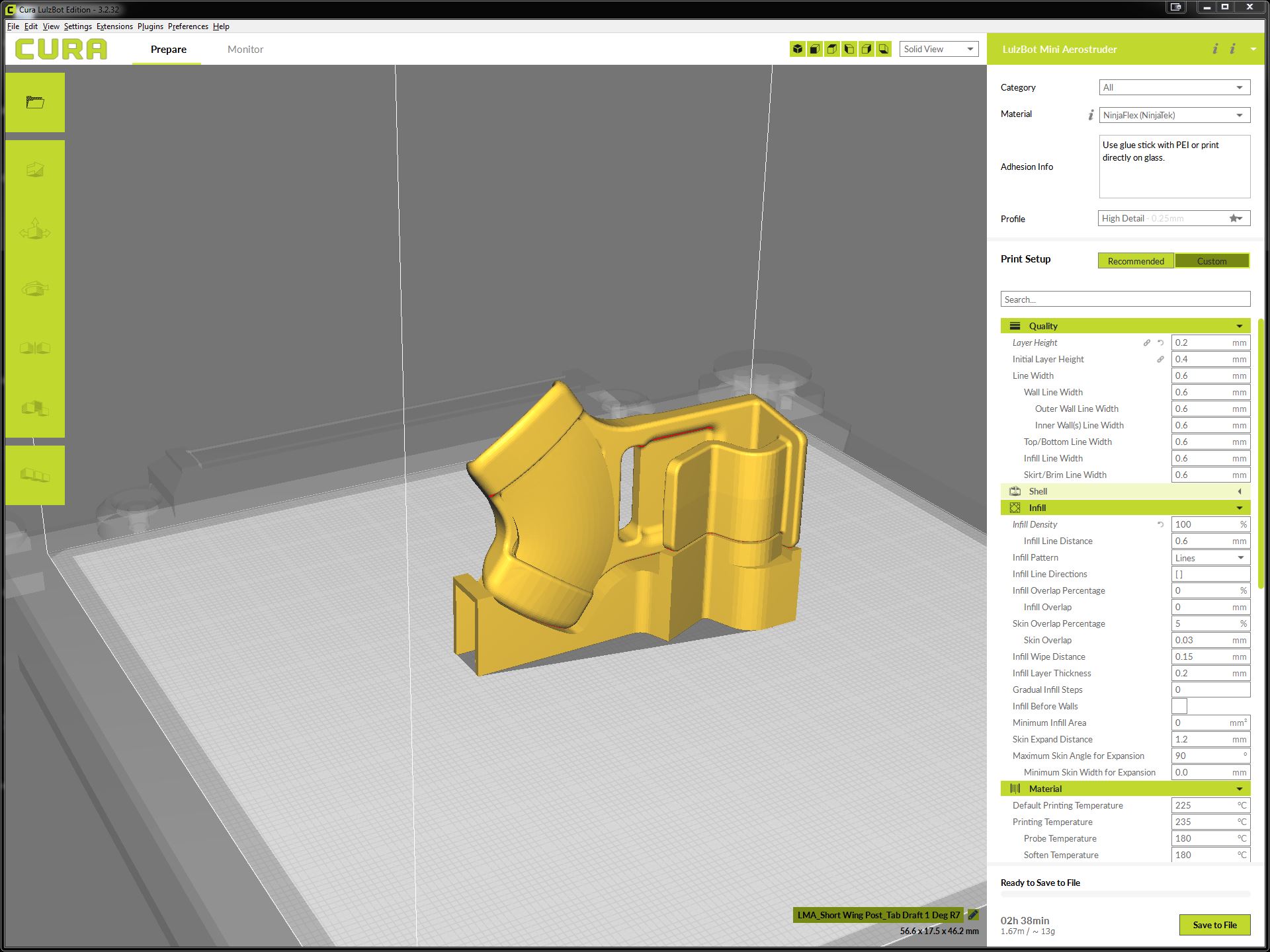 Luna Sandal Wing Post 3D Print Setup In Cura on Lulzbot Mini TPU
